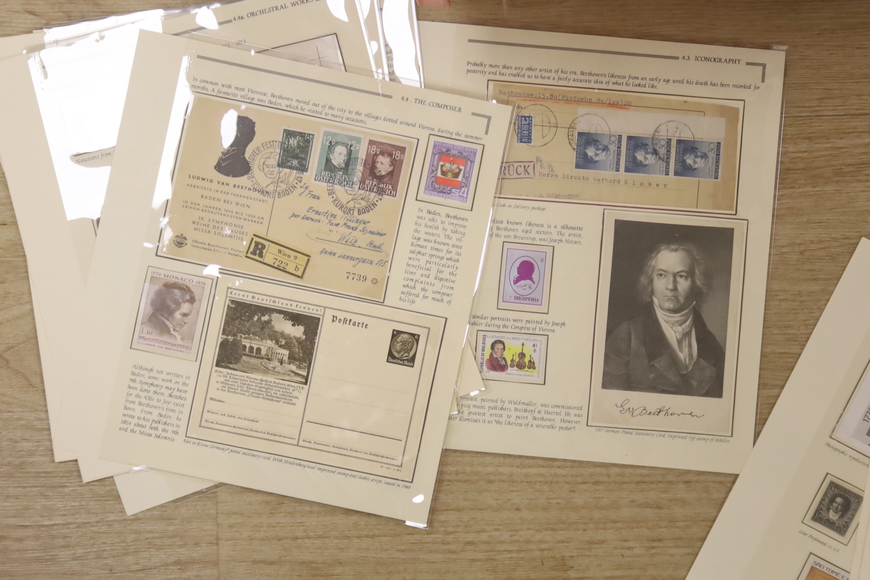 Various stamps in folders, stock books with Great Britain 1840 1d Mulready used, 1913 seahorse 2sh.6.d specimen, various themes with Diana, Music – Beethoven, Flowers, F.D.covers, booklet panes etc. 2 boxes